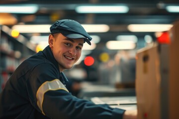 Smiling young male postman in post office