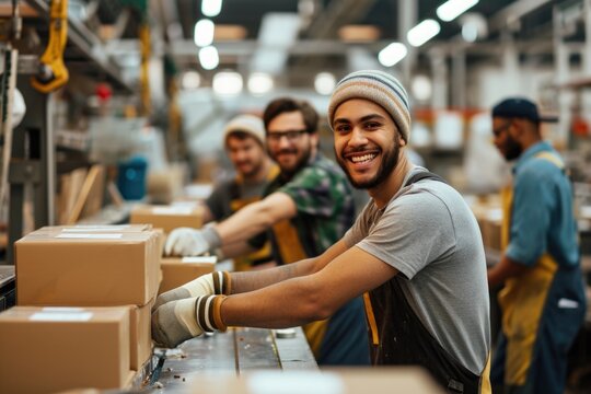 Smiling young workers packaging products at factory