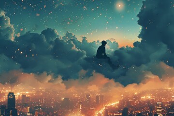 Obraz na płótnie Canvas A scene where a person is sitting on a cloud above a cityscape, depicting dreams and aspirations