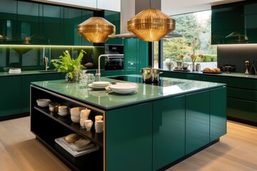 Modern luxury kitchen interior design with green marble countertop, sink and island - obrazy, fototapety, plakaty