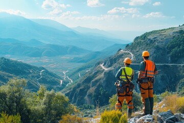 Fototapeta na wymiar Construction workers overlooking mountain valley