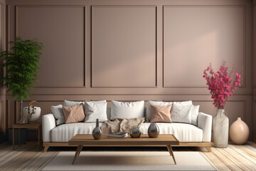 Fototapeta na wymiar Step into a realm of comfort with a living space featuring a soft color beige sofa and a matching table, set against an empty frame ready for your personalized text.