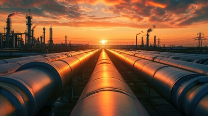 Pipeline and pipe rack of petroleum industrial plant with sunset sky background - obrazy, fototapety, plakaty
