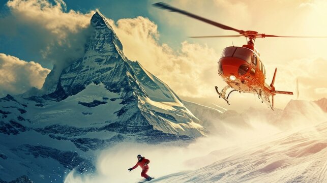 Heliski helicopter takes off in snow powder freeride landed on mountain.