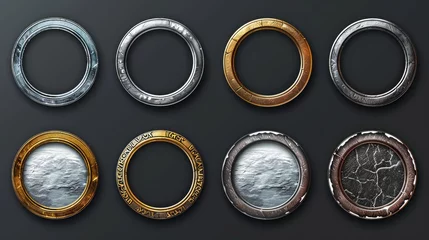 Poster Set of round ui game frames, textured circles made of silver, gold, metal with snow, wood or stone materials Cartoon circular empty borders, isolated graphic design gui elements, Vector illustration © Orxan