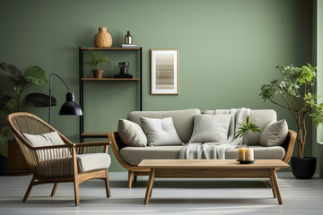 Picture a wooden coffee table and lounge chair complementing a gray sofa against a calming green wall in your modern living room, blending functionality with aesthetic appeal.