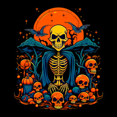 Classic Halloween design with skulls, Jack, pumpkins and bats