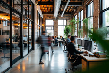 Motion blur of workers inside loft-style startup or IT office