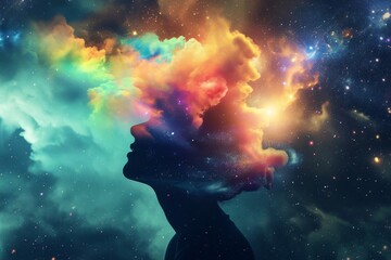 A scene where a person's thoughts are visualized as a colorful aurora above their head, representing creativity and imagination