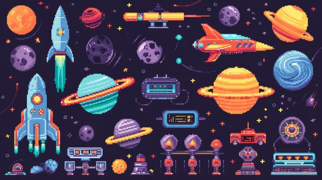 Space Arcade game interface elements with Pixel Art icons, Planets, Ufo aliens, space ships, rockets. Vintage 8-bit computer game in 80s, 90s style. Retro video game sprites. Vector template