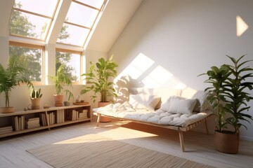 Interior of modern living room with sofa, bookshelf, wooden furniture and green plants.