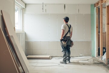 Young male tile installer in new home