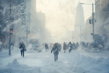 people walk through Snowy winter city. strong wind blows. snow drifts Global climate change, apocalyptic cold snowy winter