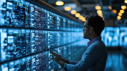  big data technology sorting . Scientist computing, analyzing and visualizing complex data set on stacks of displays. Data mining, artificial intelligence, machine learning, business analytics