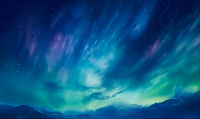 Naklejka na ściany i meble Northern Lights over snowy mountains. Aurora borealis with starry sky