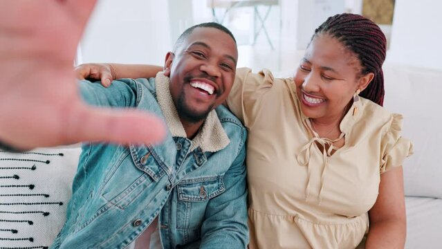 African couple, selfie and sofa in home with smile, memory and excited for picture on web blog. Black people, photography or profile picture on couch, happy and hug in lounge, house or apartment
