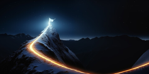 Panoramic view of bright orange path leading to mountain top, destination and goals concept