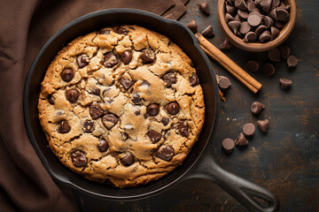 Chocolate chip cookie in a skillet