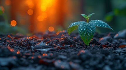 Young plant sprouting in fertile soil with morning dew and warm sunlight - obrazy, fototapety, plakaty