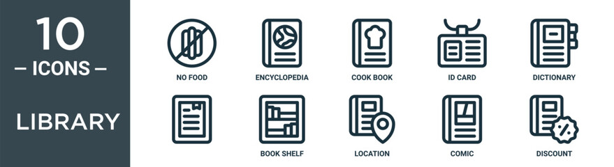 library outline icon set includes thin line no food, encyclopedia, cook book, id card, dictionary, , book shelf icons for report, presentation, diagram, web design