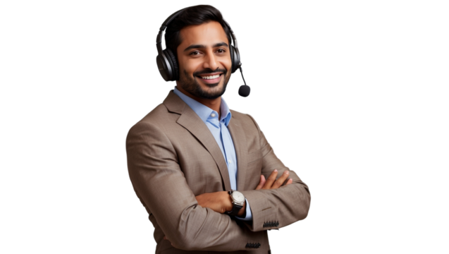 Portrait of a happy indian call center man arms crossed isolated on a transparent background for consulting. Smile, customer support or service career with a young employee on PNG for telemarketing - Powered by Adobe