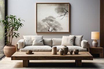 Step into a space where simplicity meets creativity. Visualize an empty frame in a simple mockup, offering a versatile canvas for your artistic expressions in a living room designed for tranquility.