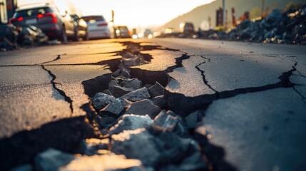 Ground shaken: Cracks in the road tell the story of earthquake aftermath. - obrazy, fototapety, plakaty