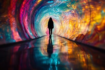 A silhouette of a person standing at the end of a tunnel of colorful, twisted mirrors, creating a...