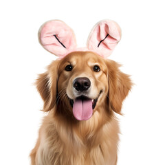 Golden retriever dog in rabbit ears, celebrating Easter, Isolated on Transparent Background, PNG