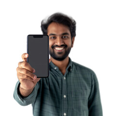 Smiling Pakistani man showing his phone screen close to the camera, isolated transparent background