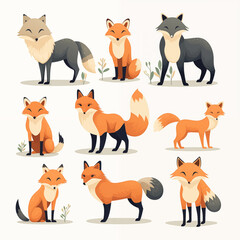 Illustration flat design set of fox