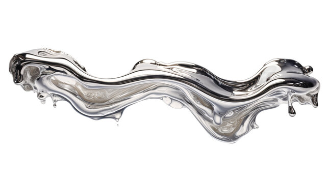 Silver liquid metal flowing in a curve shape on an isolated background
