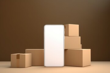 smartphone layout with cardboard boxes. Parcel delivery. Mockup.