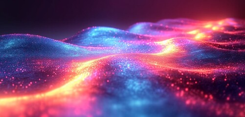 Vibrant, curved neon wave in 3D with a shimmering, iridescent finish. Abstract, colorful background for depth. HD camera effect.