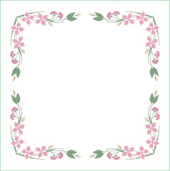 Fototapeta na wymiar Green floral frame with leaves and pink flowers, decorative corners for greeting cards, banners, business cards, invitations, menus. Isolated vector illustration. 