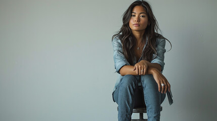 Naklejka premium Asian woman sits on a high stool, facing the camera