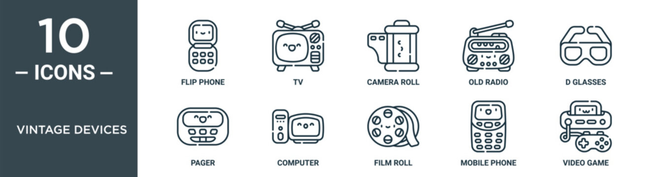 vintage devices outline icon set includes thin line flip phone, tv, camera roll, old radio, d glasses, pager, computer icons for report, presentation, diagram, web design