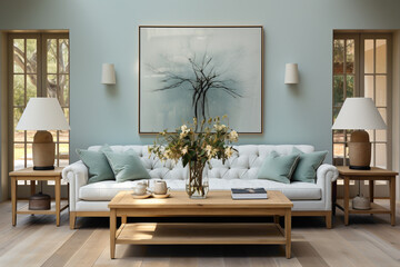 Step into a tranquil living room featuring light blue and aqua sofas paired with a wooden table. 