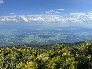 Fototapeta na wymiar View from the mountain over the countryside, Babia Góra National Park (Babiogórski Park Narodowy)