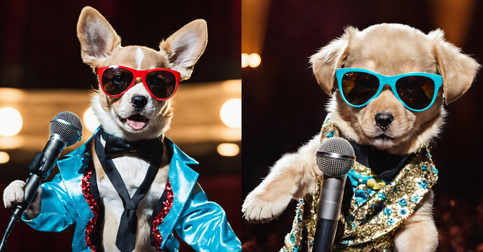 Two cute puppies singing at the concert hall