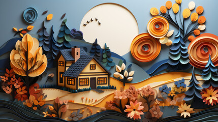 Vibrant papercraft scene depicting a cozy village in autumn. Craft art and creativity