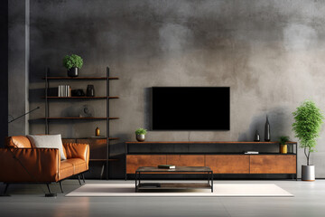 Chic modern living room decor with a TV cabinet against a concrete wall background, creating a fusion of industrial and contemporary aesthetics
