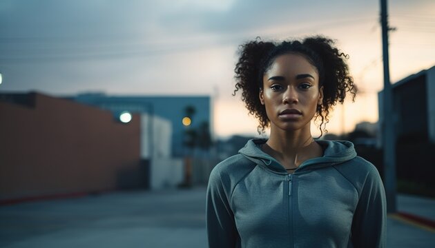 A full-length image of a determined black sporty girl woman, looking off-screen, alone outside a suburban concrete building at dusk. Cinematic, sport, AI.