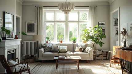 Modern interior design of a living room in Scandinavian style. An open space with a light sofa, a coffee table and small decorative elements. Design concept, interior.