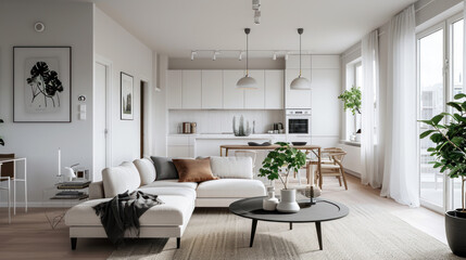 Modern interior design of a living room in Scandinavian style. An open space with a light sofa, a coffee table and small decorative elements. Design concept, interior.