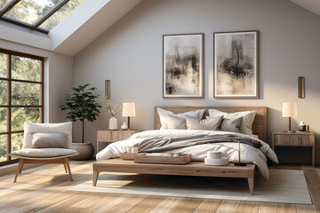 Fototapeta na wymiar The muted color palette, sleek furniture, and natural light create an inviting and peaceful atmosphere for a restful night's sleep.