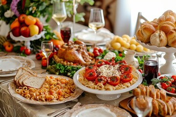 A traditional St. Joseph's Day table set with Italian cuisine, religious symbols, and family gathering