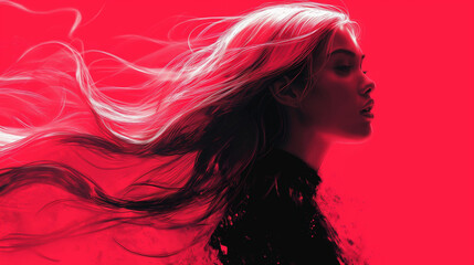 Red Silhouette of a Woman in the Wind