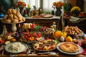 Fototapeta na wymiar A traditional St. Joseph's Day table set with Italian cuisine, religious symbols, and family gathering