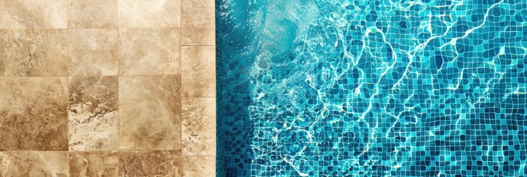 Close-up view of the pool from above. Blue mosaic background with copy space.